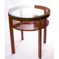 Okrągły stolik Art Deco z intarsją, drewno, szkło